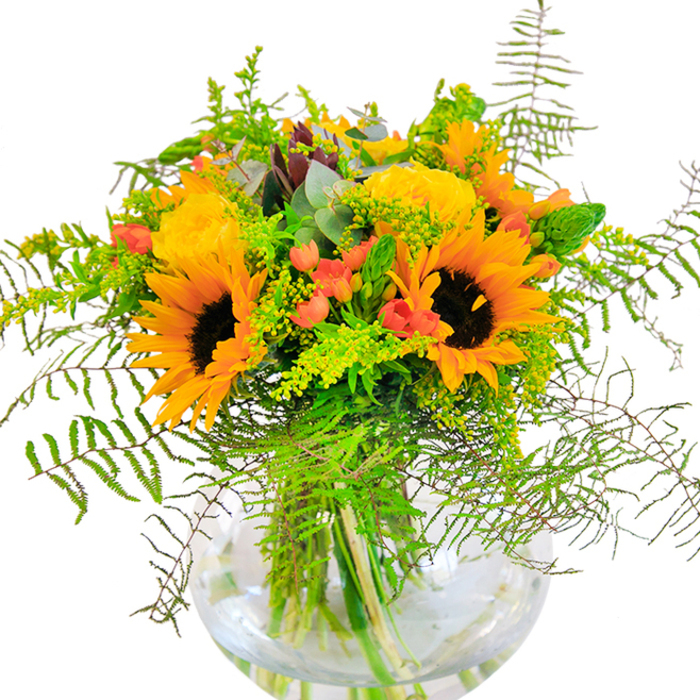 Upon first glance, this bouquet evokes pure happiness, capturing the abundant beauty of Barnes in an artful floral display. Brilliant yellow sunflowers and lush garden roses sit at the heart of the design, each petal unfurling in generous layers and radiating the uplifting glow of summer sunshine. The sunflowers' brushed brown centers contrast beautifully with the buttery, tightly layered spirals of the roses, creating a visual rhythm reminiscent of meadows stretching towards the southern edges of Barnes or the lively greenery by the river. Scarlet-hued Hypericum berries catch the light, their glossy surfaces scattered among the foliage like tiny jewels, standing out against the bouquet's prevailing yellow and green tones. Interwoven through the blooms, light green sprigs of goldenrod add a delicate sparkle of tiny yellow flowers, while feathery fern fronds cascade softly over the sides, echoing the gentle movement of the wind through Barnes' leafy avenues. Subtle eucalyptus leaves, tinged with cool blue-green shades, peek out to offer an additional touch of texture and calm. All stems are gathered tightly in a clear, rounded glass vase, its transparency celebrating the stems' organic lines and the freshness of their water. A gentle, uplifting scent wafts from the blend of roses and sunflowers, evoking long, sun-dappled afternoons spent in London parks. This arrangement makes a perfect centerpiece for celebratory occasions-a milestone birthday, a family gathering in Barnes, or any moment where joy and natural beauty are meant to bloom at the heart of the home.