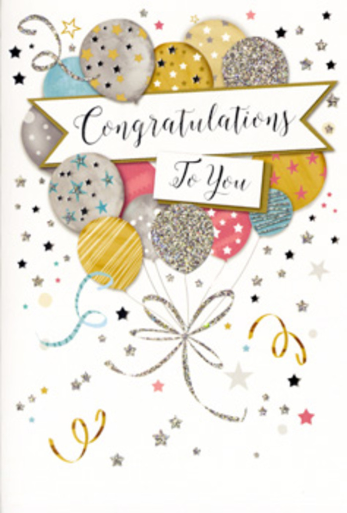 The image displays an elegant congratulations card that captures the feeling of a celebration in full swing, yet held within a calm, refined palette. A generous cluster of balloons rises from the bottom of the card like a hand-tied bouquet, each balloon layered carefully so they overlap in a natural, three-dimensional way. The colours are soft but radiant: muted gold and champagne tones mingle with cool silver, misty sky blue, delicate blush pink, and whisper-light grey. Many of the balloons are embellished with tiny star motifs, thin stripes, or shimmering glitter, giving them a textured, almost tactile look, as though you could brush your fingers across them and feel the sparkle. From each balloon, a narrow ribbon of metallic gold or silver drops and curls, intertwining with the others before disappearing out of sight. Across the centre of the composition, a gently curved banner carries the message "Congratulations To You" in an ornate, flowing script that stands out in deeper ink, like a carefully chosen note from a local Barnes sender. Around the balloons, miniature stars, dots, and curling streamers drift against a pale, neutral background, suggesting movement and lively conversation, much like the atmosphere of a celebration after a ceremony at a nearby Barnes school or along the riverside. The overall effect is festive but not overwhelming, with just enough glamour to feel special. It's the sort of card you would choose to accompany a sophisticated bouquet from Flowers Barnes, so that the visual joy of the balloons echoes the excitement and pride behind the flowers and the achievement being honoured.