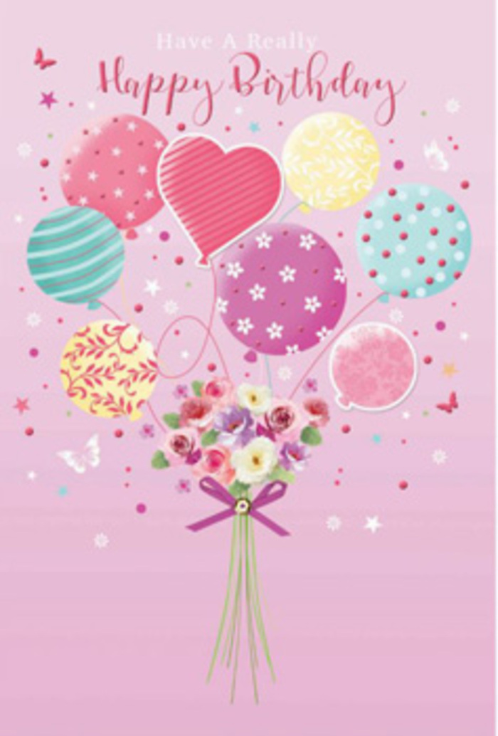 This illustrated birthday card scene feels like a pastel daydream drifting above the leafy streets of Barnes, where flowers and balloons seem to dance together in mid-air. A cluster of balloons hovers at the top of the design, each softly rounded form decorated with playful patterns: curling ribbons, scattered dots, gentle swirls, and dainty floral motifs, all in tones of seafoam green, rosy pink, buttery yellow, lavender, and warm peach. One balloon, shaped like a heart and framed by the others, adds a tender, affectionate note to the arrangement. Below, a hand-tied bouquet of petite roses and anemone-like blossoms forms a lush, rounded base, their petals shaded from cream to blush and pale mauve as if brushed by early morning light filtering through the trees along the Thames. The flowers appear freshly picked, their edges smooth and full, gathered tightly together to emphasise their delicate forms. A shimmering purple satin bow wraps the stems, the ribbon tails slightly curled as though lovingly tied by an experienced florist at Flowers Barnes. Around the composition, a sprinkling of tiny butterflies and star-like specks suggests movement and quiet excitement, like guests arriving for a birthday tea in a Barnes garden. The whole design is bathed in gentle, luminous light that highlights the shine of the balloons and the velvety softness of the petals. It evokes the fragrance of fresh blooms and the feeling of being truly celebrated-an image that turns a simple birthday message into a cherished, joyful moment rooted in local charm.