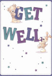 Radiating playful optimism, this illustrated get well card feels as comforting as stepping into a favourite Barnes flower shop. At its centre, a cuddly teddy bear and a lively puppy tumble among the oversized, jubilant letters spelling 'Get Well,' their joyful expressions promising brighter days to come. The indigo and teal text stands bold against a soft, creamy white canvas, creating a gentle, uplifting energy that seems to glow in the soft light often found in Barnes' homely living rooms. Tiny stars-each a pop of blue or purple-sparkle around the characters, lending the design a touch of hope and whimsy, like the first light glinting on the Thames at dawn. The illustrated fur is rendered so invitingly that one might imagine reaching out for a reassuring hug. This card, much like a carefully arranged bouquet delivered by local florists in Barnes, offers not only a message but a tangible embrace of kindness and heartfelt care-ideal for anyone recovering or in need of a little encouragement and warmth.