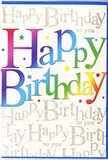 This joyful birthday card has the energy of a lively celebration along the Barnes riverside, captured entirely in colour and pattern. The central focus is the phrase "Happy Birthday," written in broad, rounded letters that stretch across the front in a luminous rainbow gradient. The colours shift smoothly from rich reds and fuchsias to warm orange and sunflower yellow, then on to crisp greens and cool blues, finishing with hints of violet, much like the varied tones in a birthday bouquet chosen from a skilled local florist. The letters feel almost three-dimensional, as if they've been gently raised from the surface, ready to catch the light from different angles in a cosy Barnes living room. Behind this statement greeting, the entire background is filled with repeating lines of "Happy Birthday to you" in an elegant, fine gold script. The handwriting-style lettering curls and loops gracefully, forming an intricate tapestry that glimmers softly rather than standing out as separate words, like the delicate shimmer of evening light on the Thames near Barnes Bridge. Around the main message, tiny confetti-like spots and small star shapes flicker in coordinating colours, adding a hint of sparkle and motion without making the design feel crowded. The overall look combines bold colour with refined detail, making the card feel both modern and heartfelt. It's the kind of birthday card that would arrive alongside same-day flower delivery in Barnes, tucked gently among the stems, bringing not just a written wish but a burst of visual happiness to mark the day in a memorable, uplifting way.