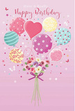 A whimsical birthday card illustration unfolds like a gentle celebration over Barnes, where pastel balloons and fresh flowers create a floating, storybook scene. The background is a soft, rosy pink, providing a calm canvas for a loose bouquet of balloons that drift upward as if carried by a warm breeze off the river. Each balloon has its own joyful detail: candy-striped bands in teal, lemon, and blush; scattered, dancing polka dots; and delicate floral patterns that echo the blooms below. At the centre, a heart-shaped balloon glows with tender warmth, anchoring the cluster with a sense of affection. Beneath this airy display, a compact hand-tied bouquet of roses and anemone-like flowers forms the base, their petals in creamy ivory, soft pink, and muted mauve, layered densely to look freshly arranged. The stems are gathered with a violet satin ribbon, tied in a neat bow that catches the light with a subtle shimmer, as if finished just moments ago in a cosy Barnes florist studio. Around the balloons and flowers, tiny butterflies and star-shaped accents appear to flutter and twinkle, adding a thread of fairy-tale magic to the birthday greeting. The lighting is bright yet gentle, highlighting the glossy surfaces of the balloons and the velvety texture of each petal, suggesting the faint, sweet fragrance of newly cut blooms. The overall mood is light, playful, and quietly romantic, perfect for sending birthday wishes that feel as thoughtful and personal as a hand-delivered bouquet in the heart of Barnes.